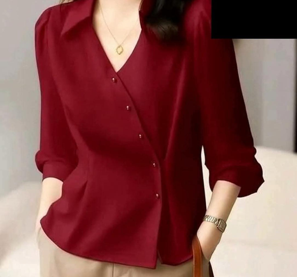 Dubai Cherry Asymmetric Button Blouse - Maroon