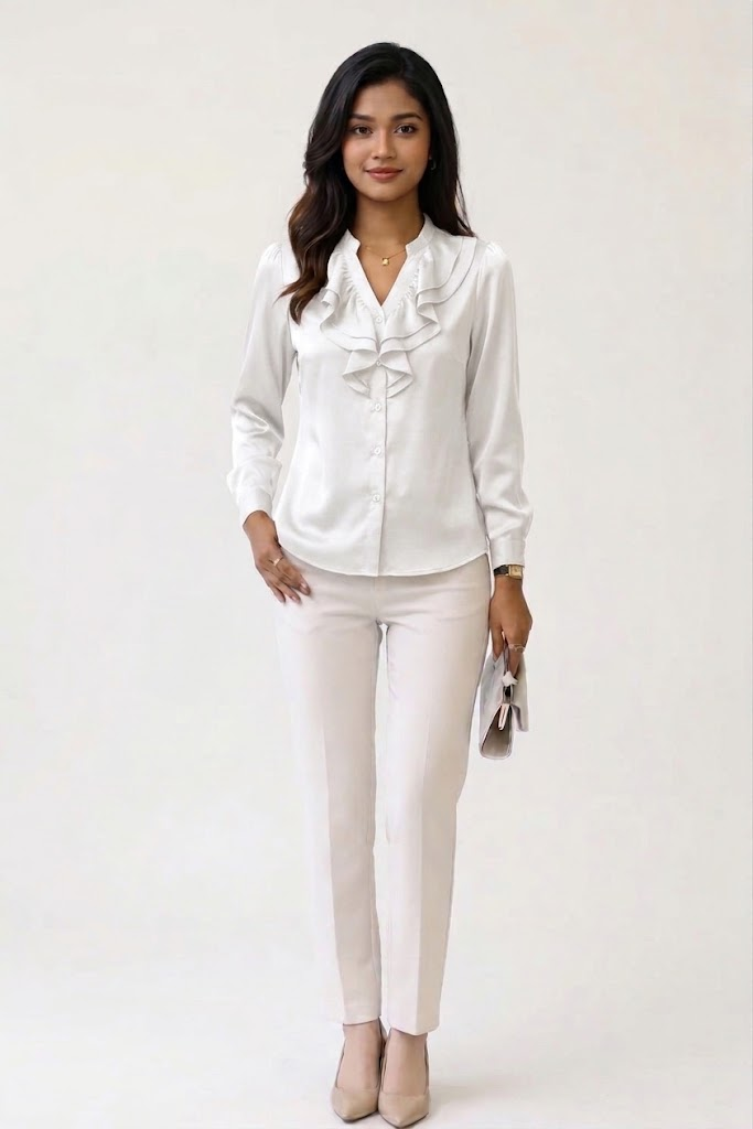 Satin Ruffle Neck Blouse - White
