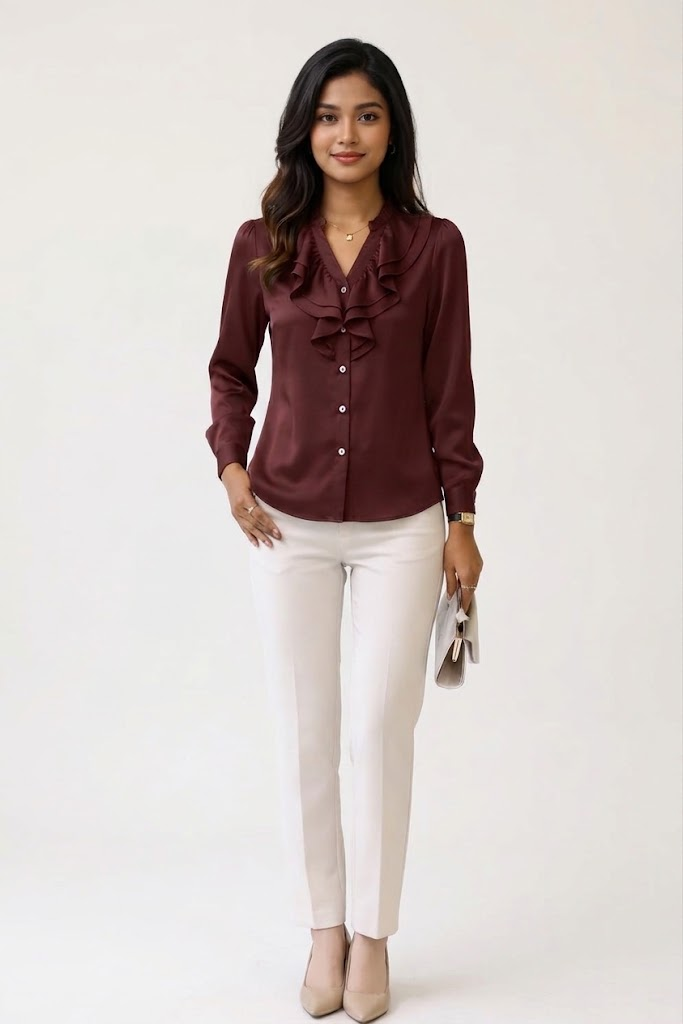 Satin Ruffle Neck Blouse - Maroon