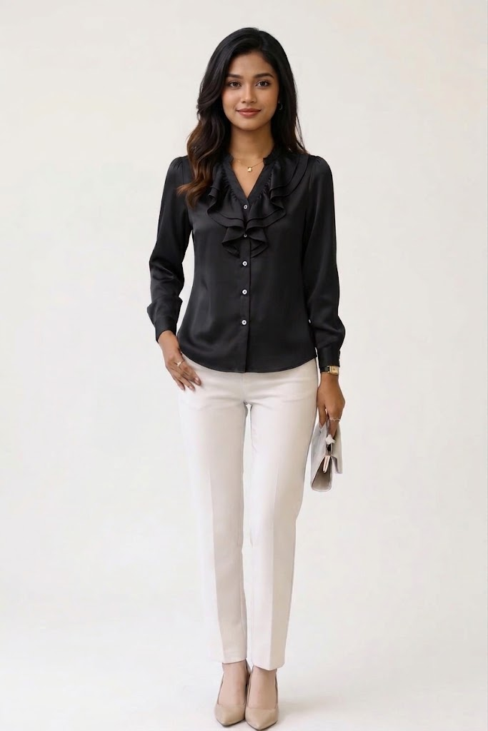 Satin Ruffle Neck Blouse - Black